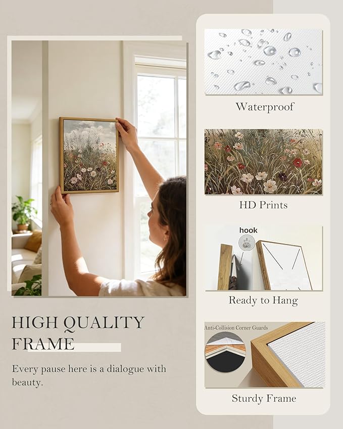 SHENIFY Vintage Landscape Framed Wall Art Wildflower Field Scenery Farmhouse Decor Retro Meadow with Flowers Painting for Kitchen Living Room Bedroom Bathroom - 8x10in Natural Framed