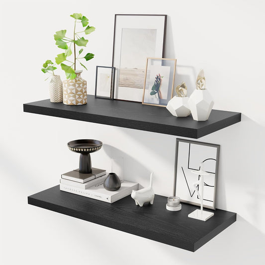 32" Floating Shelves for Wall, 12" Deep Slim Black Floating Shelves, Wall-Mounted Shelves for Bedroom, Living Room, Kitchen, Bathroom - Set of 2