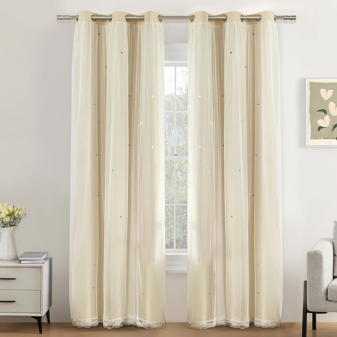 XiDi Beige Blackout Curtains with Sheer Overlay Star Cut Out Design Warm Color Double Layer Curtains Thermal Noise Reduction Grommet Darpes for Girls Kids Bedroom Living Room 34 x 84 Inches, Set of 2