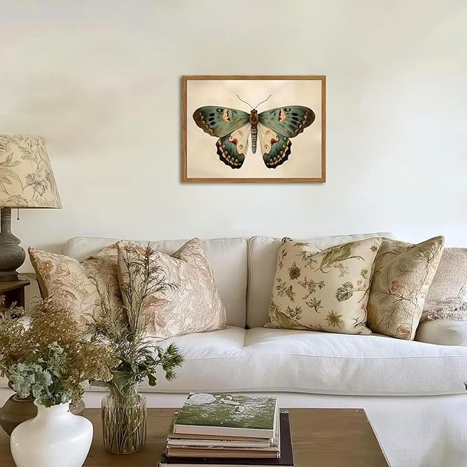 Framed Vintage Butterfly Canvas Wall Art, Moody Insect Wall Decor Paintings, Cottagecore Moth Artwork Pictures Prints Antique Home Decor for Living Room Bedroom Bathroom 16x24 inch