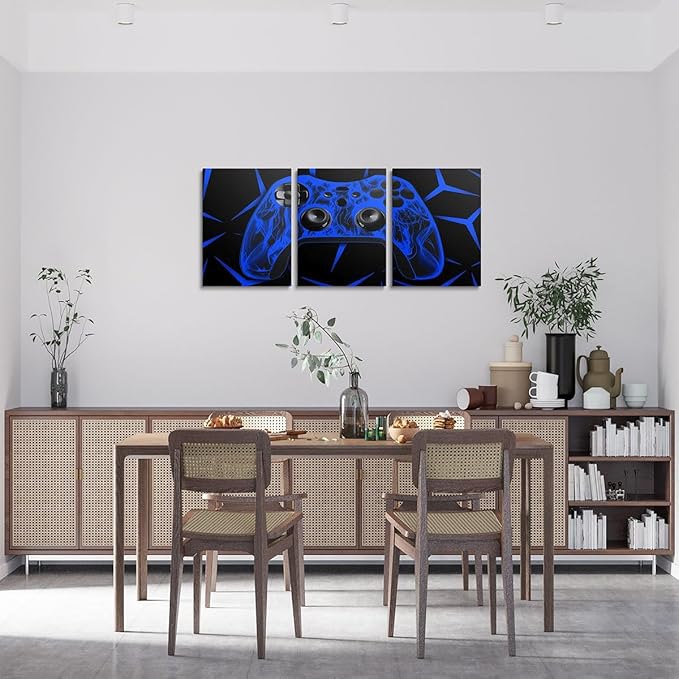 Feelyou Gamer Bathroom Wall Art for Home Decor Gamepad Canvas Wall Art for Bedroom Girls TeensGaming Gifts Office Wall Artwork Posters 12" x 16" 3 Piece Game Controller Blue Wall Painting