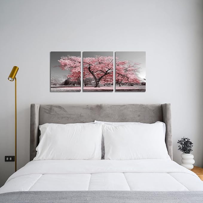 Visual Art Decor Pink Tree Canvas Wall Art Pink and Grey Room Decor Cherry Blossom Wall Art Modern Art Framed Ready to Hang Living Room Wall Decor 12x16inchx3 Piece