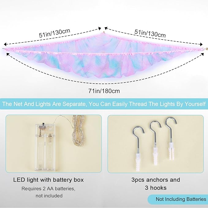 Unicorn Castle Stuffed Animals Net or Hammock Kids Toy Storage Organizer with LED Light Hanging Corner Stuffed Animals Holder Kids Girls Room Decor,Blue-Purple,Large (Pack of 1)