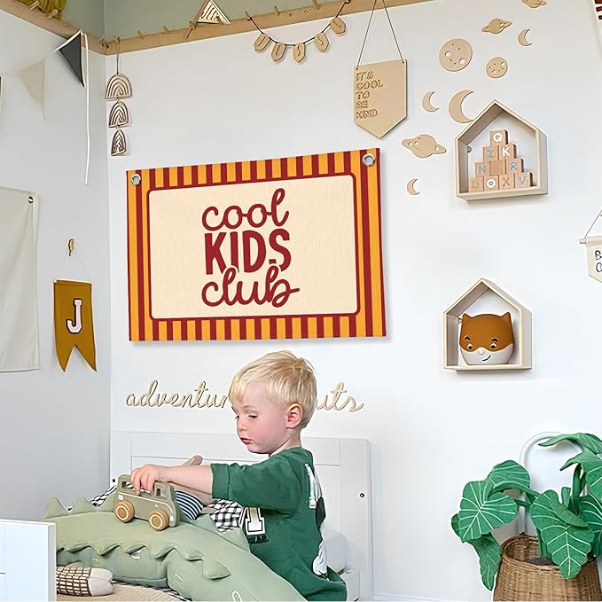 Boys Room Decor,Cool Kids Club Linen Canvas Banner, Orange Striped Wall Hanging,Playroom Decor Wall Flag Banner for Kids Room Nursery Toddler Boy Bedroom Classroom,Baby Shower Gifts 30x20 Inch