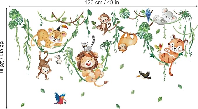 wondever Jungle Animals Climbing Tree Wall Stickers Lion Koala Tiger Monkey Peel and Stick Wall Art Decals for Baby Nursery Kids Bedroom Living Room