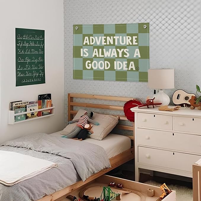 Adventure Camp Banner, Sage Green Boys Room Playroom Decor, Wall Hanging Canvas Banner Flag Decor for Toddler Boy Room Nursery