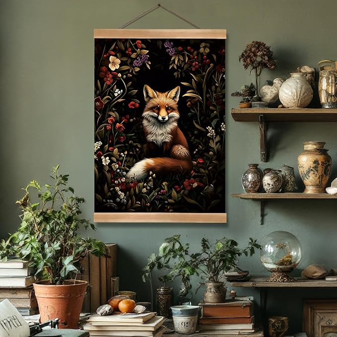 William Morris Abstract Wall Art Decor,Vintage Fox Design Poster, Vintage Hanging Wall Painting Animal Buck Art, Mid-Century& Dark Academia Decor, Gothic Canvas Poster for Oficce and Home (Fox-1)