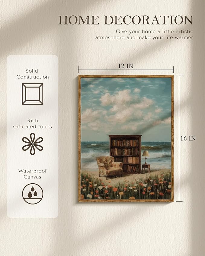 Vintage Framed Coastal Wall Art 12x16 Bookshelf Armchair Ocean View Canvas Print, Library by the Sea Dreamy Reading Nook Wildflower Artwork, Back to School Study Classroom Office Den Decor