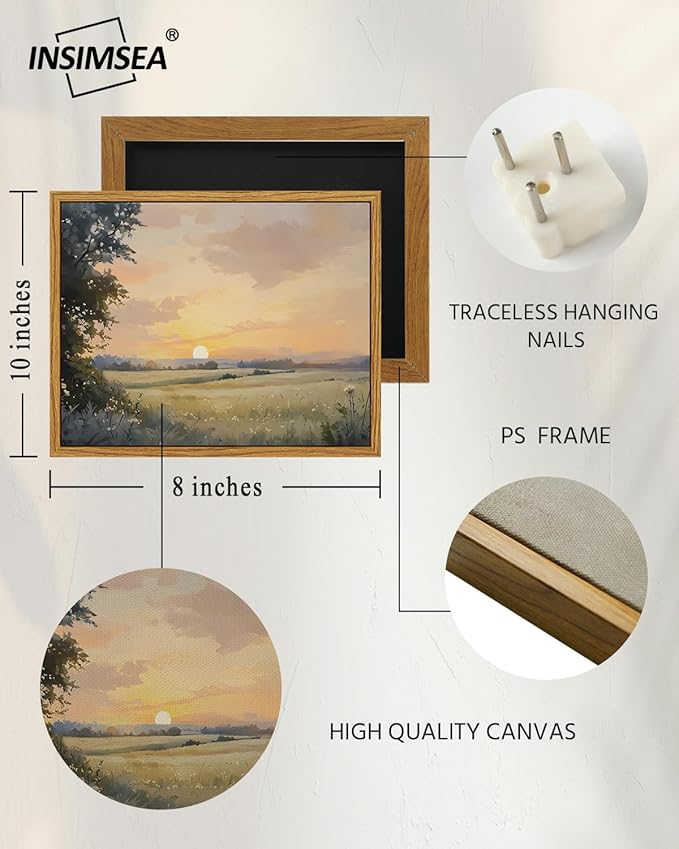 InSimSea Framed Canvas Wall Art, Vintage Wall Decor, Fall Landscape Watercolor Painting for Living Room, Bedroom Earthy Country Autumn Sunset Print Pictures Decorations,8x10inch