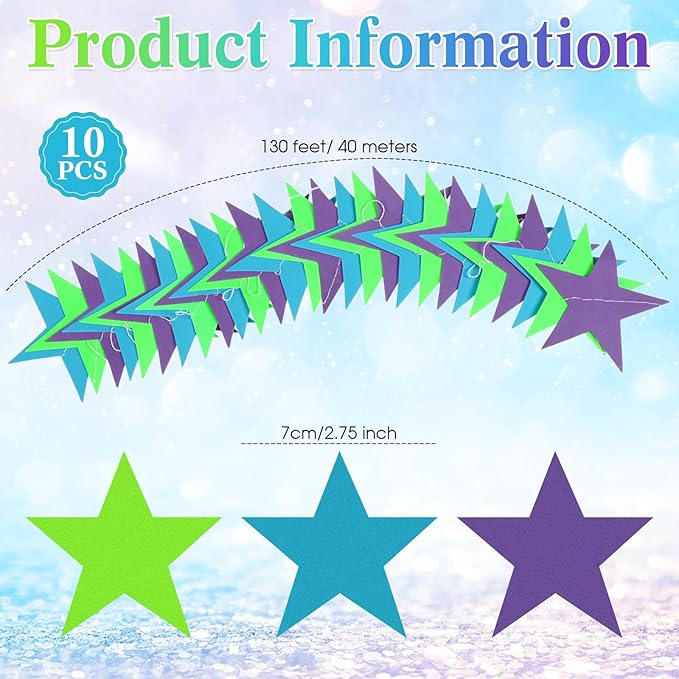 Patelai Glitter Star Garland Banner 2026 Graduation Decor 130 Feet Star Hanging Banner Twinkle Backdrop for Party Birthday Classroom Wedding Supplies(Purple, Blue, Green)