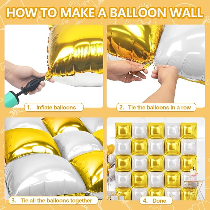 NISOCY 25PCS Gold White Square Foil Balloons Wall Backdrop Double Sided Gold Pearl White Balloon Arch Kit for Birthday New Year Wedding Engagement Bridal Shower Party Decorations