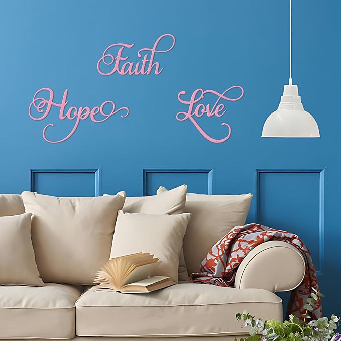 ESTART Faith Hope Love 3 Pieces Metal Wall Decor Inspirational Pink Letter Sign Wall Art Rustic Vintage Farmhouse Word Metal Sign Family Wall Decor for Home Bedroom Living Room (Pink)