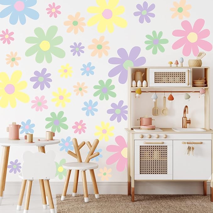 TaoBary 12 Sheet Daisy Wall Sticker Decal Removable Cute Daisy Bedroom Room Decor Flower Wall Sticker Pink White Flower Decal Wallpaper Peel and Stick for Nursery Home(Fresh Color,Attractive Style)