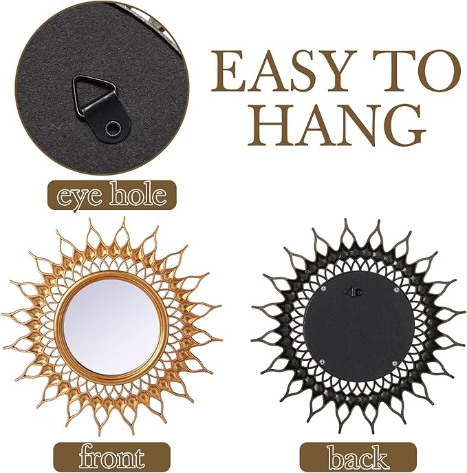 Namalu 6 Pcs Sunburst Mirror for Wall Decor, Small Circle Sun Decorative Mirror Hanging for Art Entryway Home Decor Bathroom Bedroom Living Room(Classic,Gold)