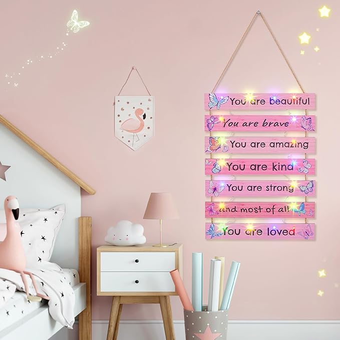 FIOBEE Girls Room Décor for Teen Girls Boys with LED Light Wall Decor for Bedroom Motivational Inspirational Wall Art Girl Room Decoration for Kids Studyroom, 8 Kinds of Lights, Pink Butterfly
