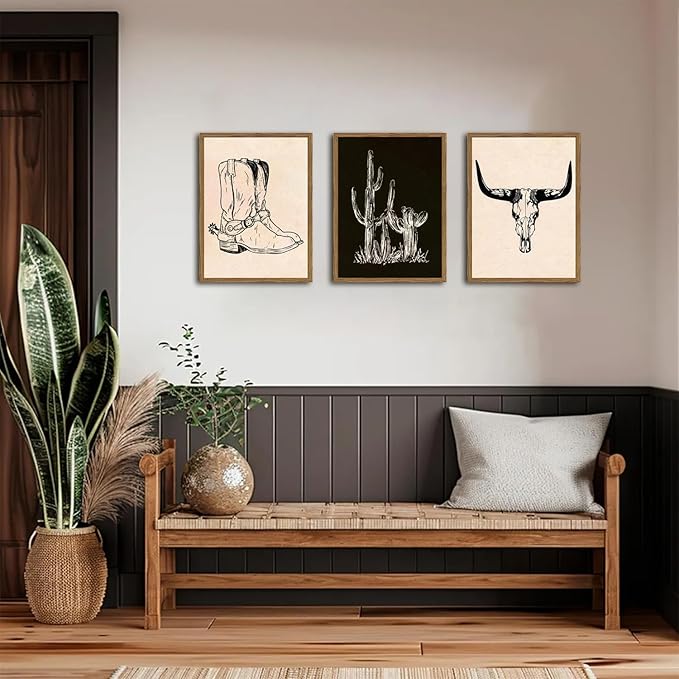 Vintage Western Wall Art Set of 3, Southwestern Cowboy Wall Decor Paintings, Black and White Longhorn Bull Skull Canvas Prints for Bedroom Living Room 16x24 inch Wood Framed