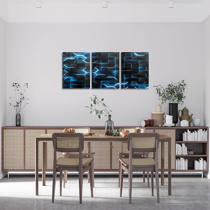 Feelyou Blue and Black Picture Wall Decor 12"x16" 3 Piece Honeycomb Canvas Wall Art Decor Hexagon Theme Office Decorations Artwork Posters Geometrical Beehive Painting