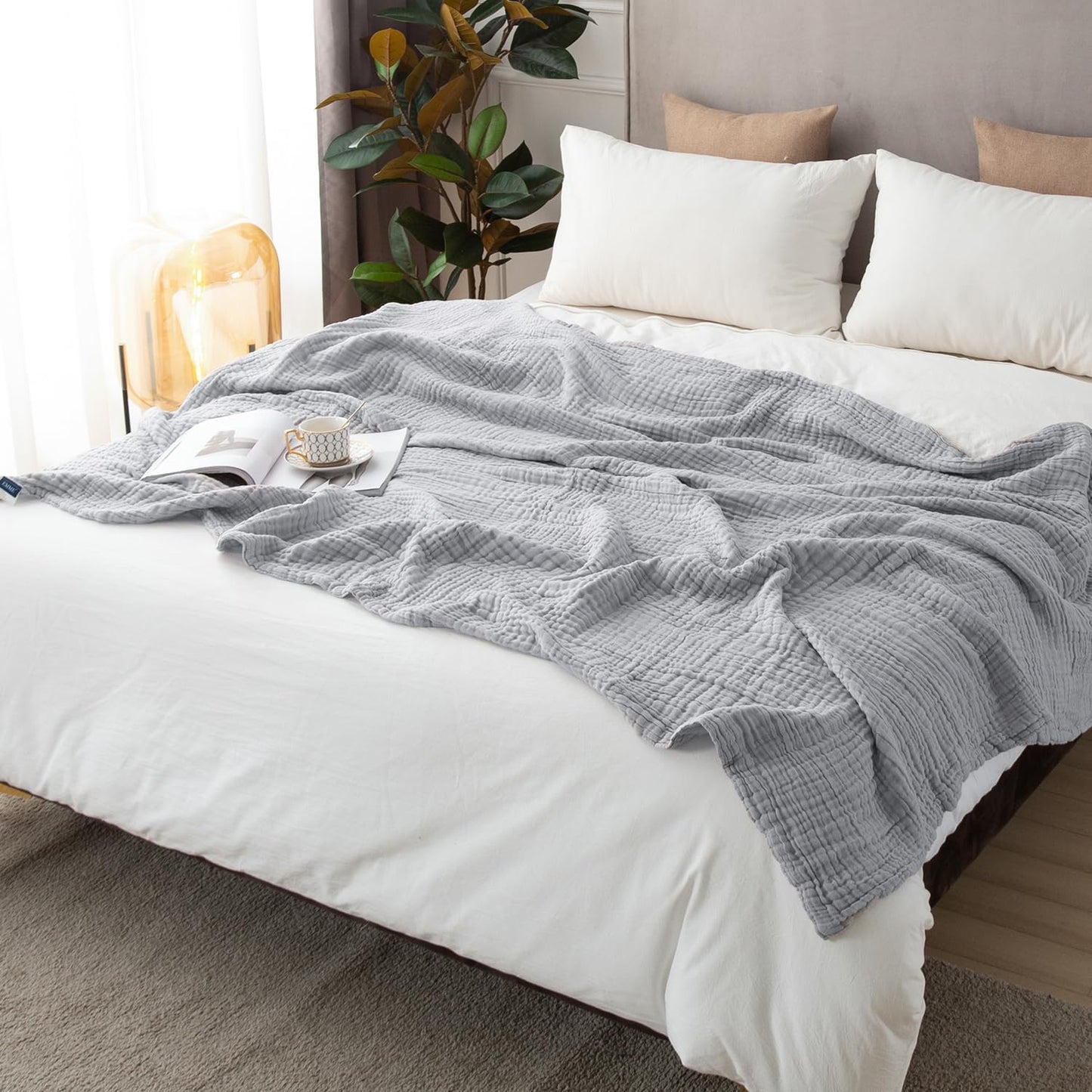 EMME Cotton Muslin Blanket King Size - Soft, Breathable Layering Blanket, 108"x90", Lightweight Gauze, All Season, Light Grey