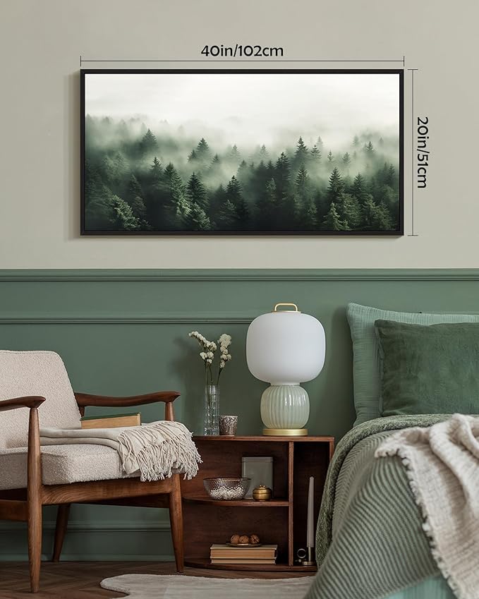 SHENIFY Green Fog Pine Tree Forest Vintage Framed Wall Art Modern Landscape Scenery Farmhouse Artwork Prints Decor for Hallway Bedroom Living Room Dining Room - 20x40in Black Framed