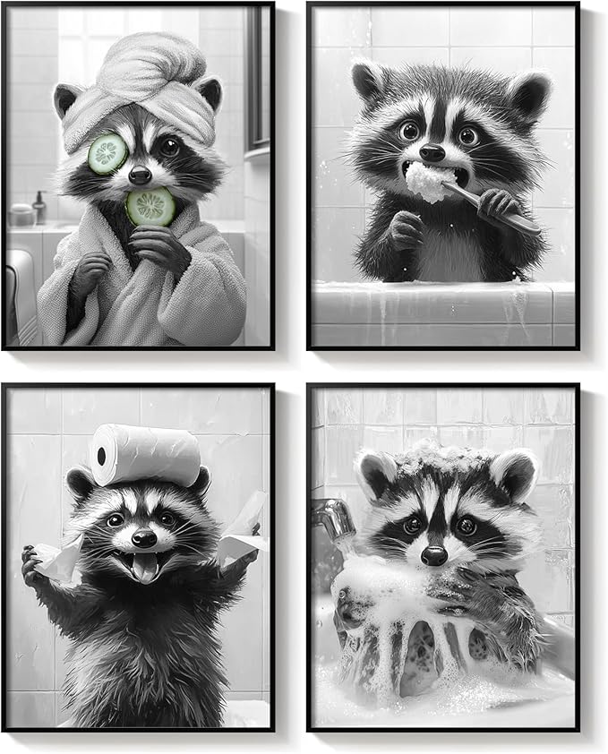 Framed Funny Bathroom Wall Art, 4 Piece Black and White Raccoon Prints, Cute Animal Toilet Canvas Artwork for Restroom Bathroom Home Decor, 11x14 Inch