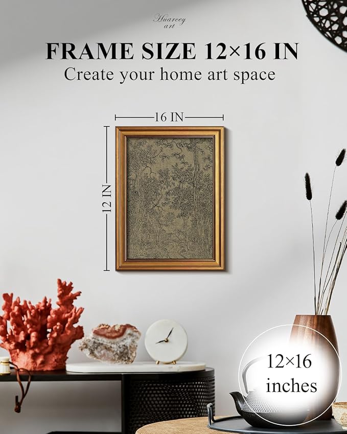 HUARCEY Gold Framed Canvas Wall Art, Antique Sketch Landscape Pictures Vintage Decor, Bedroom Kitchen Shelf Decor, Dark Moody Retro Country Farmhouse Canvas Paintings, 12x16inch