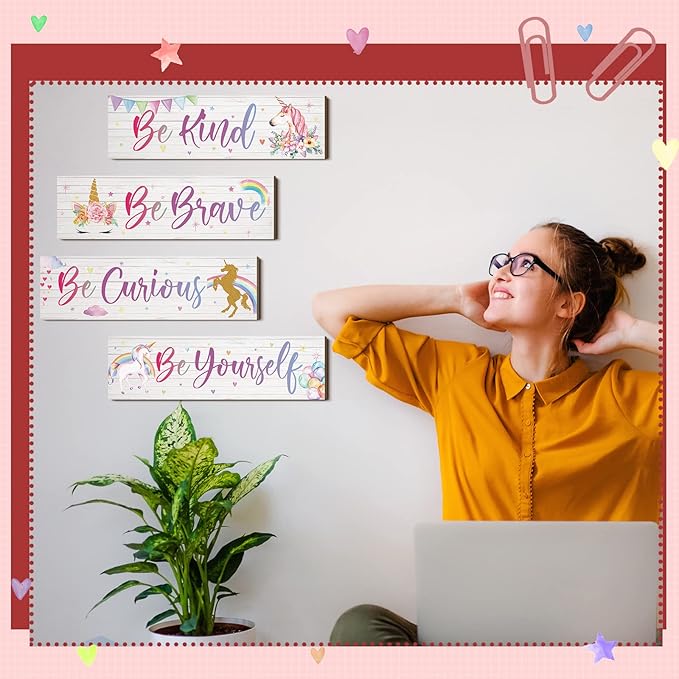 Yulejo Unicorn Wall Decor Girls Rainbow Wall Art Unicorn Room Decor Rainbow Motivational Inspirational Room Bedroom Decoration for Christmas Girl Kids Bedroom Nursery Decoration Gift (Inspiring Style)
