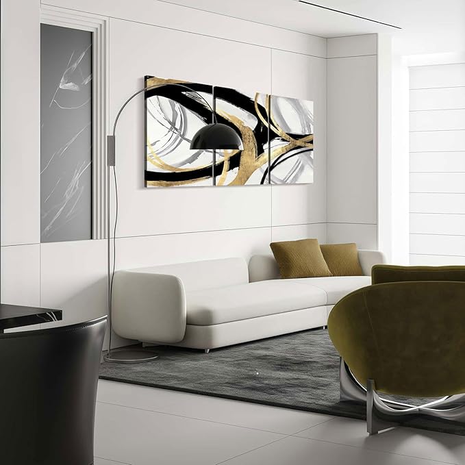 3Pcs Framed Abstract Wall Art Gold Black and White Lines Picture Canvas Prints Modern Line Prints Living Room Bedroom Office Poster Gallery Home Decor 12x16 Inch Ready to Hang