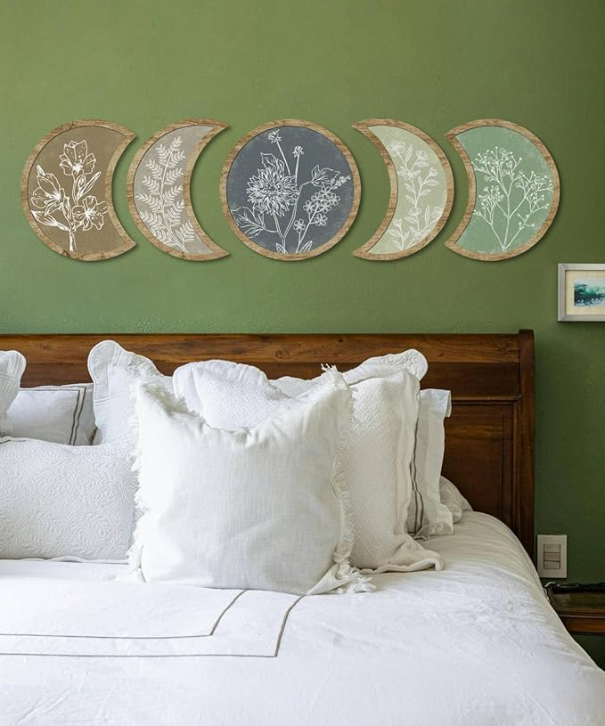Putuo Decor Moon Phase Botanical Wall Art Set of 5, Crescent Wood Floral Panels for Bedroom Nursery Meditation Room