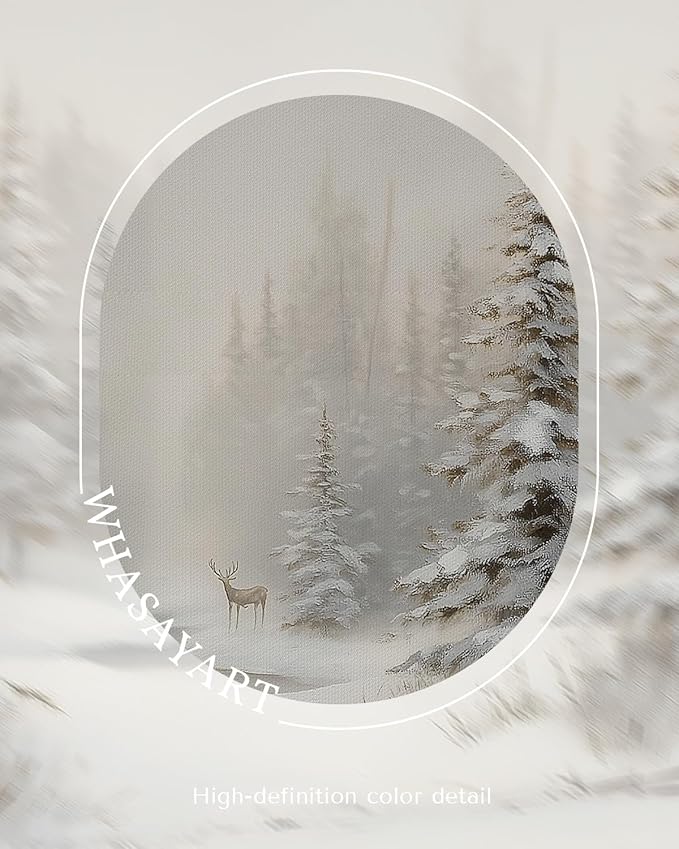 Vintage Snowy Pine Forest with Deer Wall Art 12x16 Framed Canvas Print, Winter Landscape Painting Rustic Neutral Nature Woodland Artwork, Living Room Bedroom Farmhouse Christmas Holiday Decor