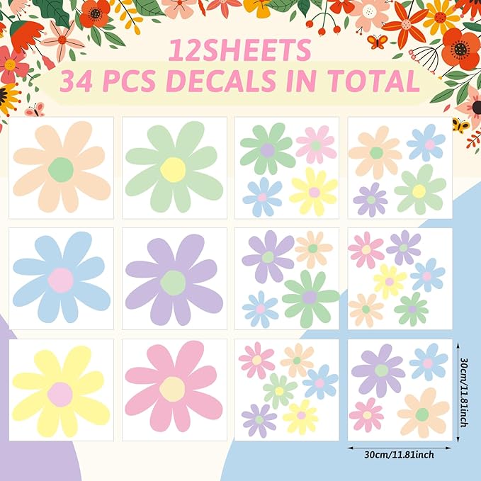TaoBary 12 Sheet Daisy Wall Sticker Decal Removable Cute Daisy Bedroom Room Decor Flower Wall Sticker Pink White Flower Decal Wallpaper Peel and Stick for Nursery Home(Fresh Color,Attractive Style)