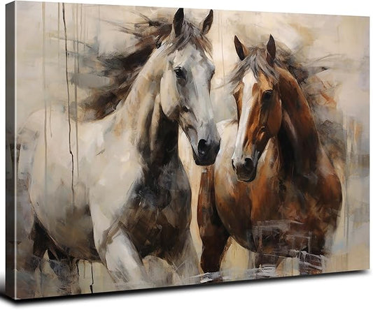 Vintage Horse Pictures Wall Decor Western Farmhouse Canvas Prints Running Horse Art Wall Decor Retro White Brown Horses Paintings Artwork for Living Room Bedroom Office Home Decorations 24x36"