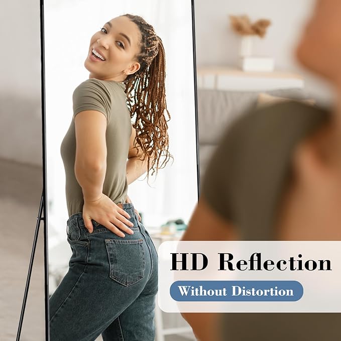 DUMOS Full Length Mirror with Stand, 65"x24" Floor Mirror with Aluminum Alloy Frame for Bedroom, Standing Full Body Mirror with Shatter-proorf Nano Glass for Wall, Living Room, Cloakroom, Black