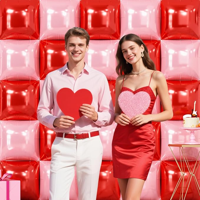 NISOCY 25PCS Red and Pearl Pink Square Foil Balloons Wall Backdrop Double Sided Red Pink Balloon Arch Kit for Birthday Bachelorette Anniversary Engagement Valentine's Day Strawberry Party Decoration