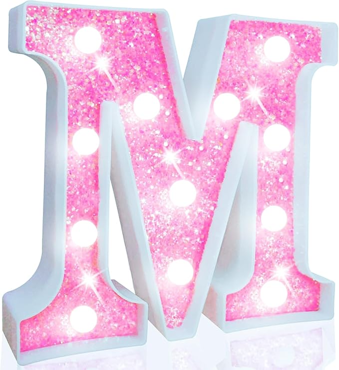 Pooqla LED Marquee Letter Lights, Light Up Letters for Birthday Decorations, Glitter Letter Sign Battery Powered Night Light Pink Party Wedding Christmas Girls Gift Bedroom Dorm Decor, Cool White M