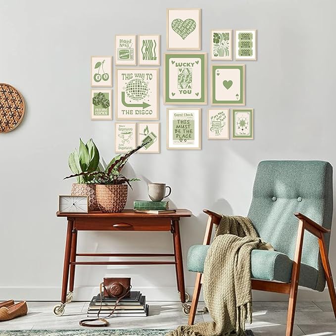 Aroutde Green Lucky Poster - Trendy Sage Green Wall Art - Guest Check Print - Lucky You - Room Decor - Y2K Canvas Wall Art - Set of 15 (Unframed)