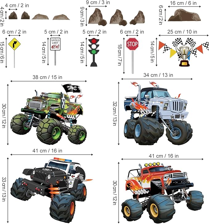 wondever Racing Car Wall Stickers Truck Vehicles Peel and Stick Wall Art Decals for Boys Room Kids Bedroom Playroom