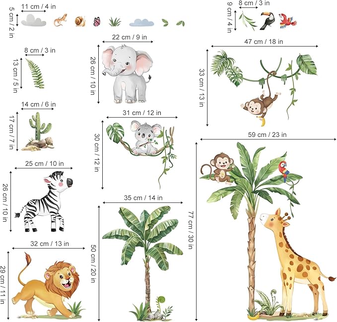 decalmile Large Jungle Animals Tropical Tree Wall Decals Safari Animals Giraffe Elephant Lion Wall Stickers Living Room Baby Nursery Kids Room Wall Decor(XL)