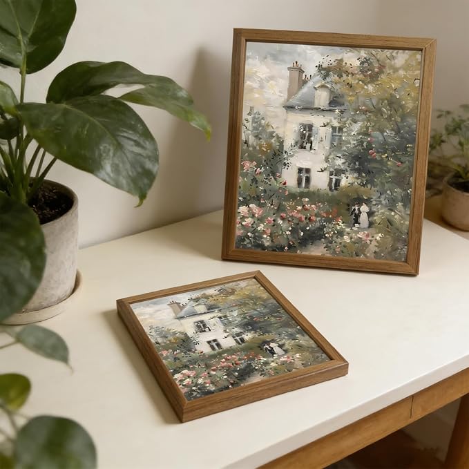 Framed VintageCanvas Floral Cottagecore Wall Art, Neutral Rose Garden Oil Paintings Print English Country Floral Farmhouse Wal Decor for Living Room Bedroom Country Home 8x10 inch