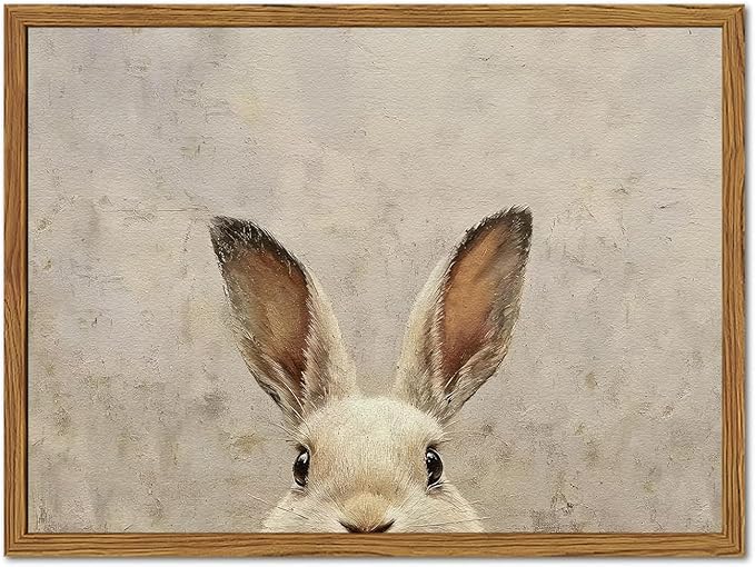 Framed Vintage Rabbit Wall Art, Cute Easter Bunny Pictures Wall Decor, 3D Sandstone Textured Farmhouse Animal Paintings Prints Cottagecore Home Decor for Living Room Bedroom Nursery 12x16 inch