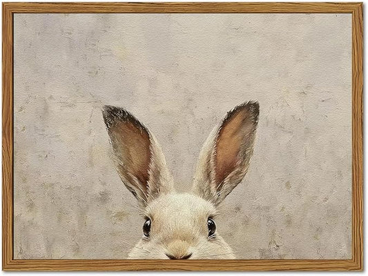 Framed Vintage Rabbit Wall Art, Cute Easter Bunny Pictures Wall Decor, 3D Sandstone Textured Farmhouse Animal Paintings Prints Cottagecore Home Decor for Living Room Bedroom Nursery 16x24 inch