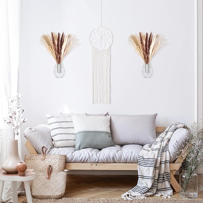 Otoolling Boho Wall Decor Set of 2 – Metal Hanging Wall Art with Faux Pampas,Minimalist Bohemian Accent for Living Room, Bedroom, Entryway(Silver)