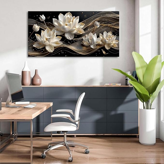 Bamdeya Abstract Wall Art Living Room Large Canvas Pictures White Flower Wall Art Petals Poster Browm Artwork for Walls Bedroom Wall Decor Modern Framed Bathroom Office Home Decorations