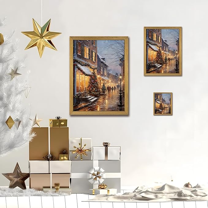 Vintage Christmas Wall Art 16x24 Inch, Wood Framed Winter Snow Street Canvas Print Picture, Rustic Holiday Christmas tree Wall Decor Oil Painting for Living Room Bedroom Kitchen