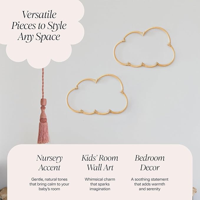 BEBE BASK Handmade Wicker Cloud Décor Set of 2 - Rattan Cloud Decorations - Décor for Bedroom and Baby Nursery Wall - for Girls Room