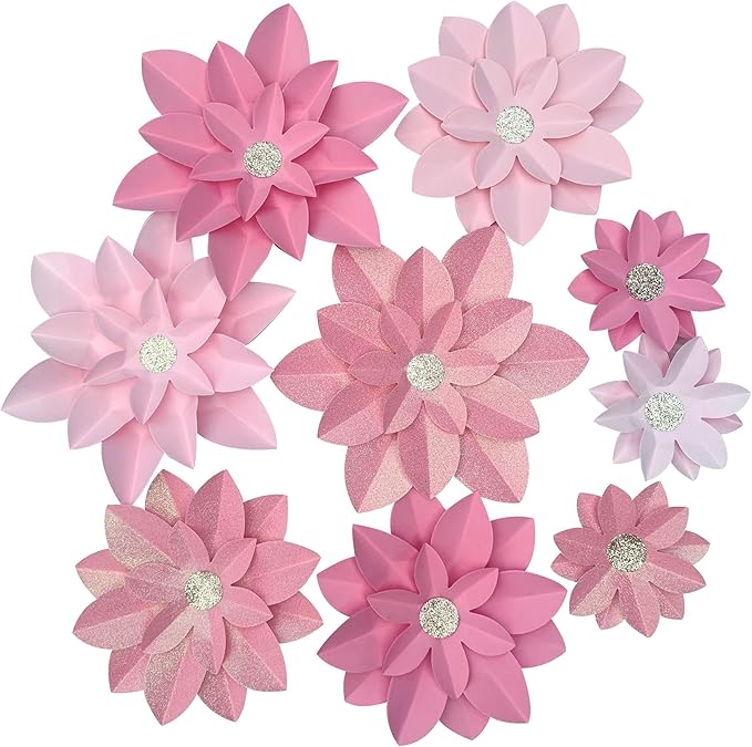 Pink Glitter Paper Flower for Wall Decor (10"-6") DIY Paper Floral Backdrop Nursery Decor Paper Flower Decor Pack of 9