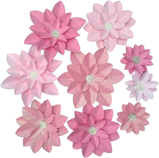 Pink Glitter Paper Flower for Wall Decor (10"-6") DIY Paper Floral Backdrop Nursery Decor Paper Flower Decor Pack of 9