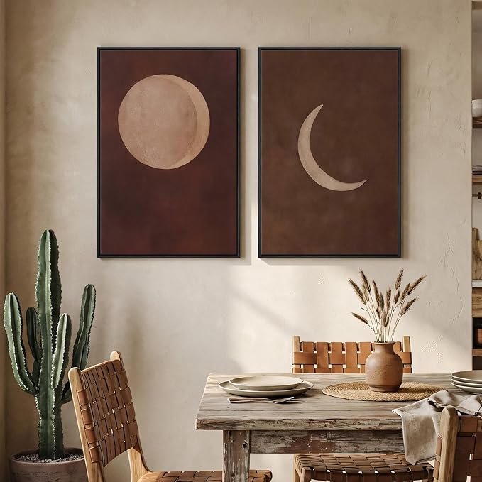 Framed Moon Phase Boho Wall Art Set of 2, Neutral Brown Lunar Celestial Canvas Artwork for Walls, Minimalist Bohemian Abstract Painting Prints for Living Room Bedroom Hallway Wall Decor, 16x24 Inch