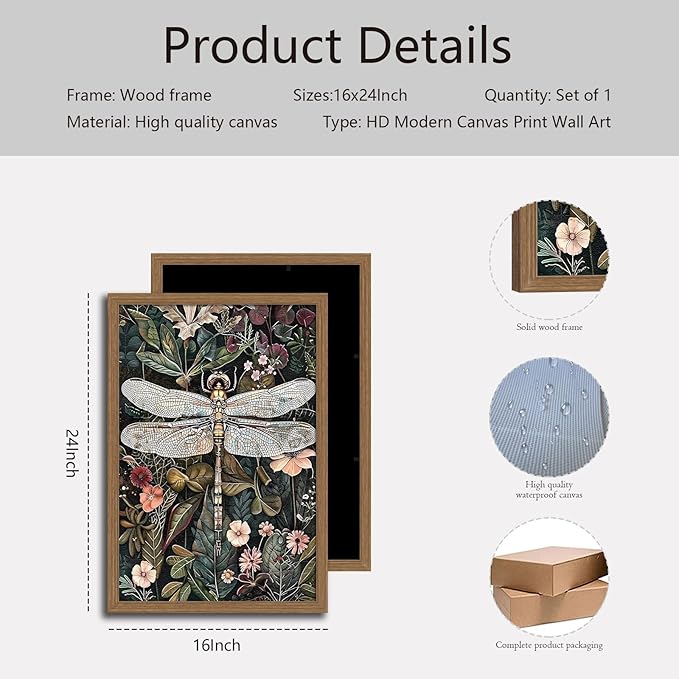 Framed Vintage Wall Art Dark Green Dragonfly Flowers Nature Insect Canvas Painting Picture Print for Living Room Bedroom Home Wall Decor Ready to Hang Wooden frame16x24in