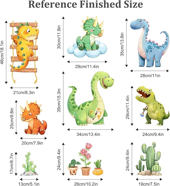 Watercolor Funny Dinosaur Wall Decals, Cartoon Cute Dino Playing Cacti Wall Stickers Vinyl Peel and Stick Wall Decal Self Adhesive Wall Art Sticker for Baby Nursery Kids Room Home Decor