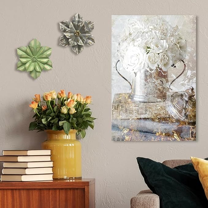 Metal Flower Wall Sculpture, 12.5" Rustic Modern Floral Artwork, Distressed 3D Layered Iron Flower Wall Hanging Accent for Indoor Kitchen Bedroom Living Room Office OutdoorGarden Patio Decor (Black)